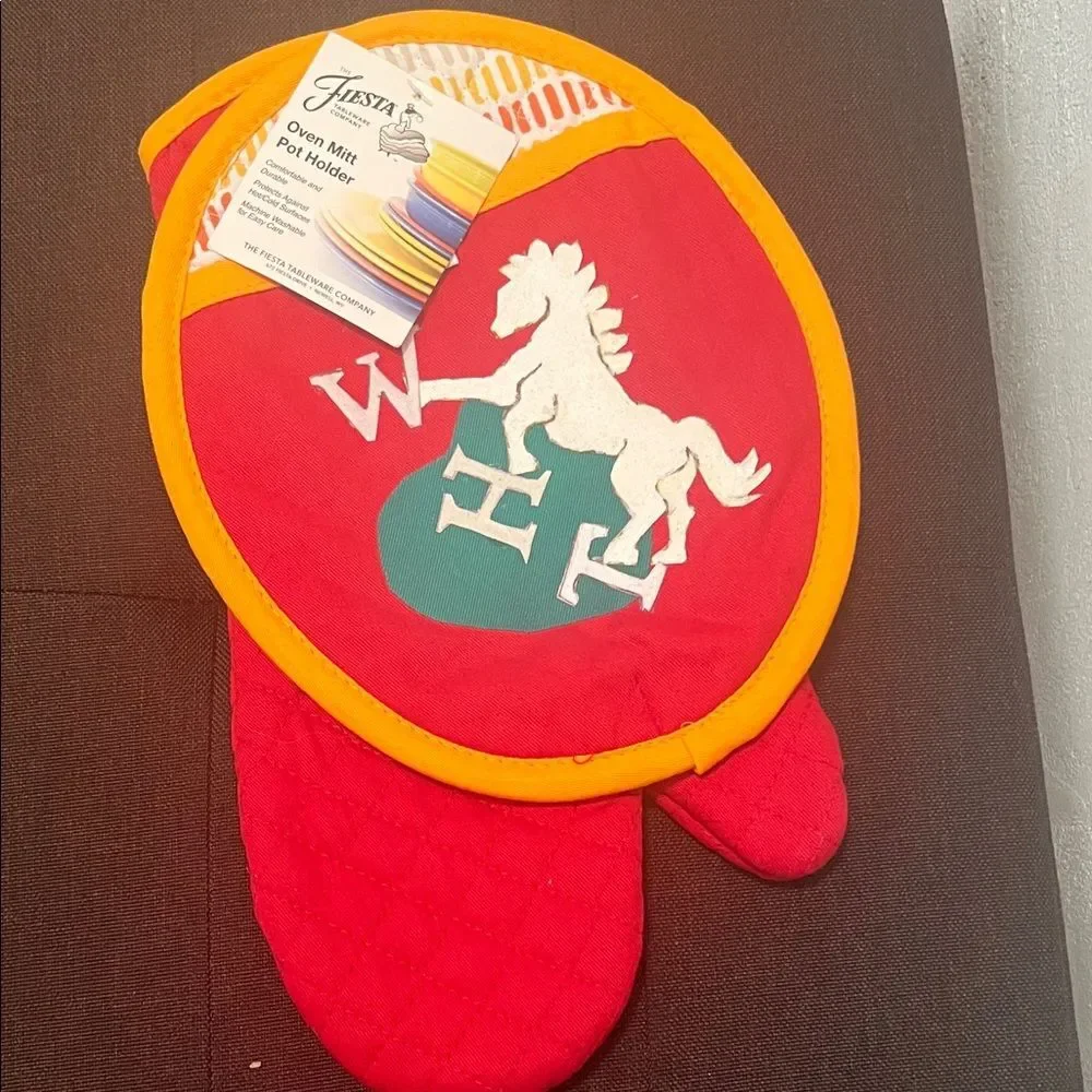 #1087+ Fiesta Red Oven Mitt with White Horse Thunder Art Logo Motif